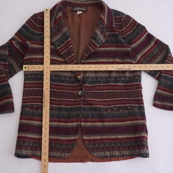 Vintage Casablanca Maroon Beige Stripe Pattern Boho Button Up Blazer 12 - Picture 4 of 10